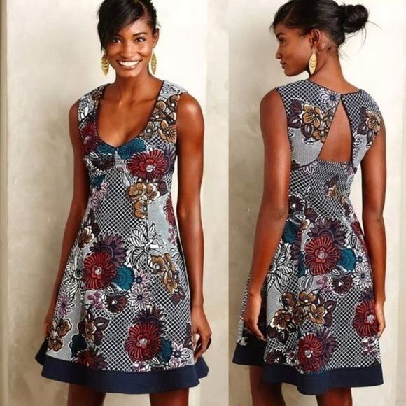 Anthropologie Maeve Fairchild Flared Dress Keyhole Back Floral Blue XS GUC - Picture 1 of 12
